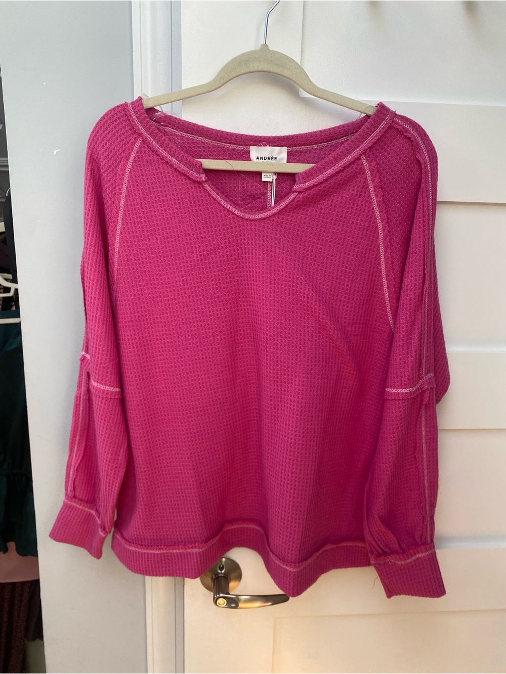 Andree by unit hot pink waffle knit long sleeve relaxed fit blouse size medium - Picture 2 of 7